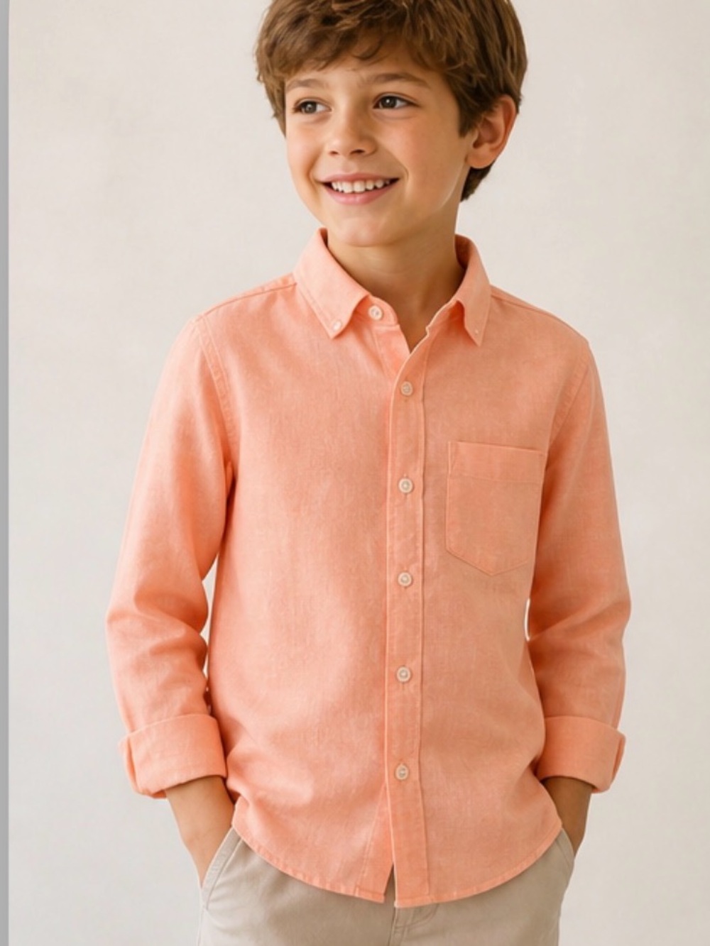 Boys' Peach Button-Down Shirt - Classic Long Sleeve